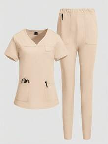 TaskEZ Solid Color Short Sleeve Pocket Top And Pants Scrub Uniform Set - Apricot - View 3