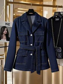 GlowEve Chaqueta vaquera de mujer con cuello de solapa, contraste de puntada, bolsillo con solapa y cinturón, de estilo casual y urbano - Azul - Ver 2