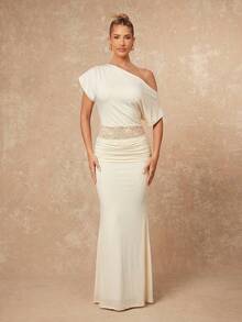 Lumalex Bộ đồ sang trọng kiểu quý phái gồm áo croptop dệt kim màu mơ, cổ bất đối xứng, viền ren và chân váy ôm sát eo xếp ly, thích hợp cho dạ tiệc, đám cưới, tiệc cao cấp, hẹn hò lãng mạn, tiệc kỷ niệm, nhà hàng sang trọng. - Màu be - Xem 4