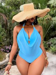Slaydiva Plus Size Halter Backless Fashionable Plunging Neck Summer Bikini Top - Blue - View 4