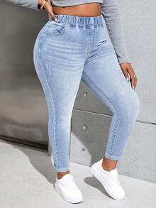Slaydiva Quần jean skinny cạp cao rách dáng rộng cỡ lớn - Rửa nhẹ - Xem 1