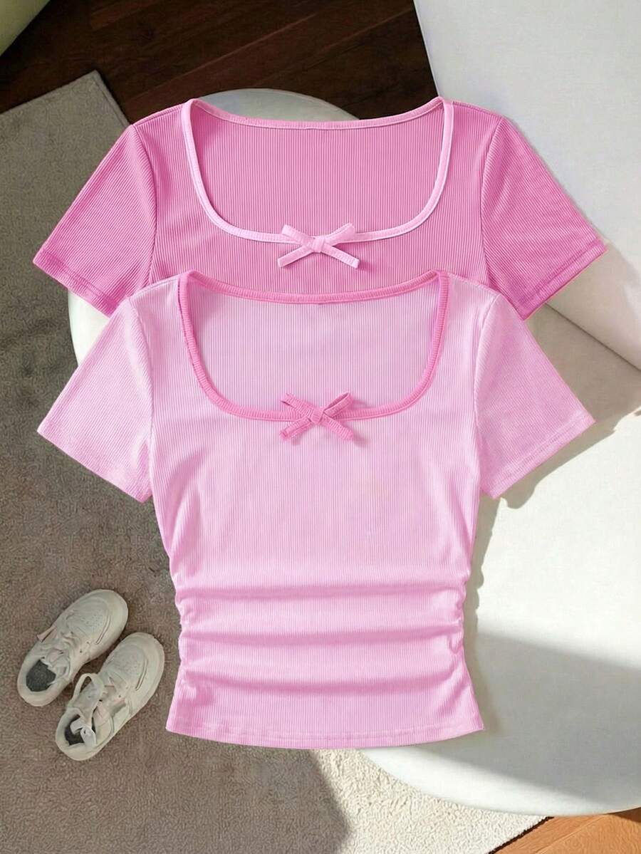 SHEIN 2件組 青少年女孩休閒舒適對比條紋蝴蝶結裝飾U領抓皺短袖T恤,少女風上衣 - 粉色 - 查看 1