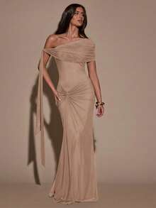 SHEIN BAE Đầm dự tiệc thanh lịch màu trơn dành cho nữ, kiểu dáng xếp ly, eo bất đối xứng. - Màu Khaki - Xem 4