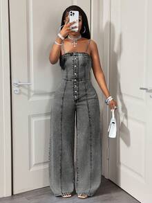 BamGleam Bộ áo liền quần denim ống rộng cài cúc dành cho nữ, kiểu dáng thường ngày, thích hợp mặc hàng ngày. - Xám - Xem 4