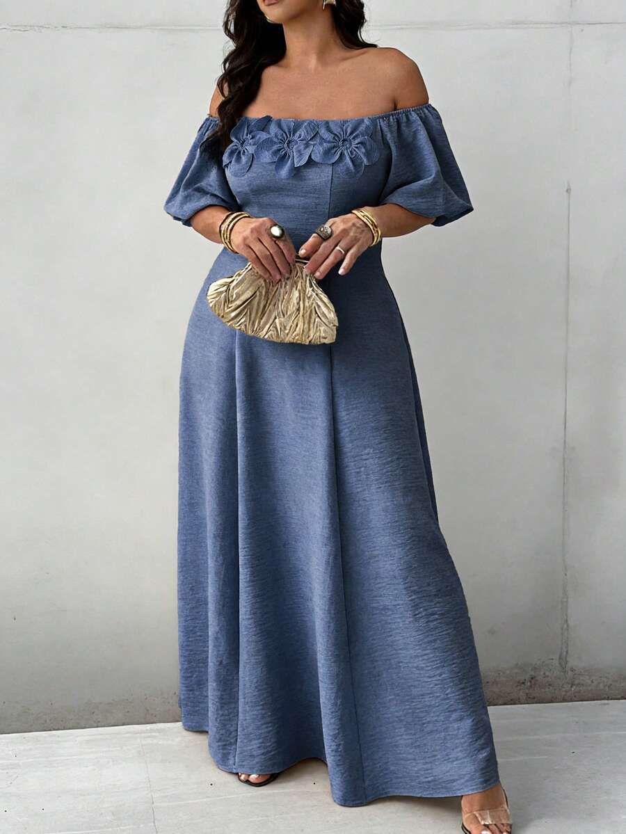 SHEIN LUNE Plus Size Solid Color Off-Shoulder Waist Cinching Dress With 3D Floral Decor - Blue - View 1