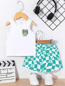 SHEIN Playful Pals 2件/組男嬰無袖背心與短褲套裝，街頭風休閒臉部圖案綠色拼色印花上衣搭配藍色字母棋盤格印花短褲，適合夏季外出 - 彩色 - 查看 5