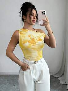 Selianne Damen Bluse mit asymmetrischer Schulter und Blume Muster, figurbetonter modischer Schnitt - Gebrannte Orange - Übersicht 1
