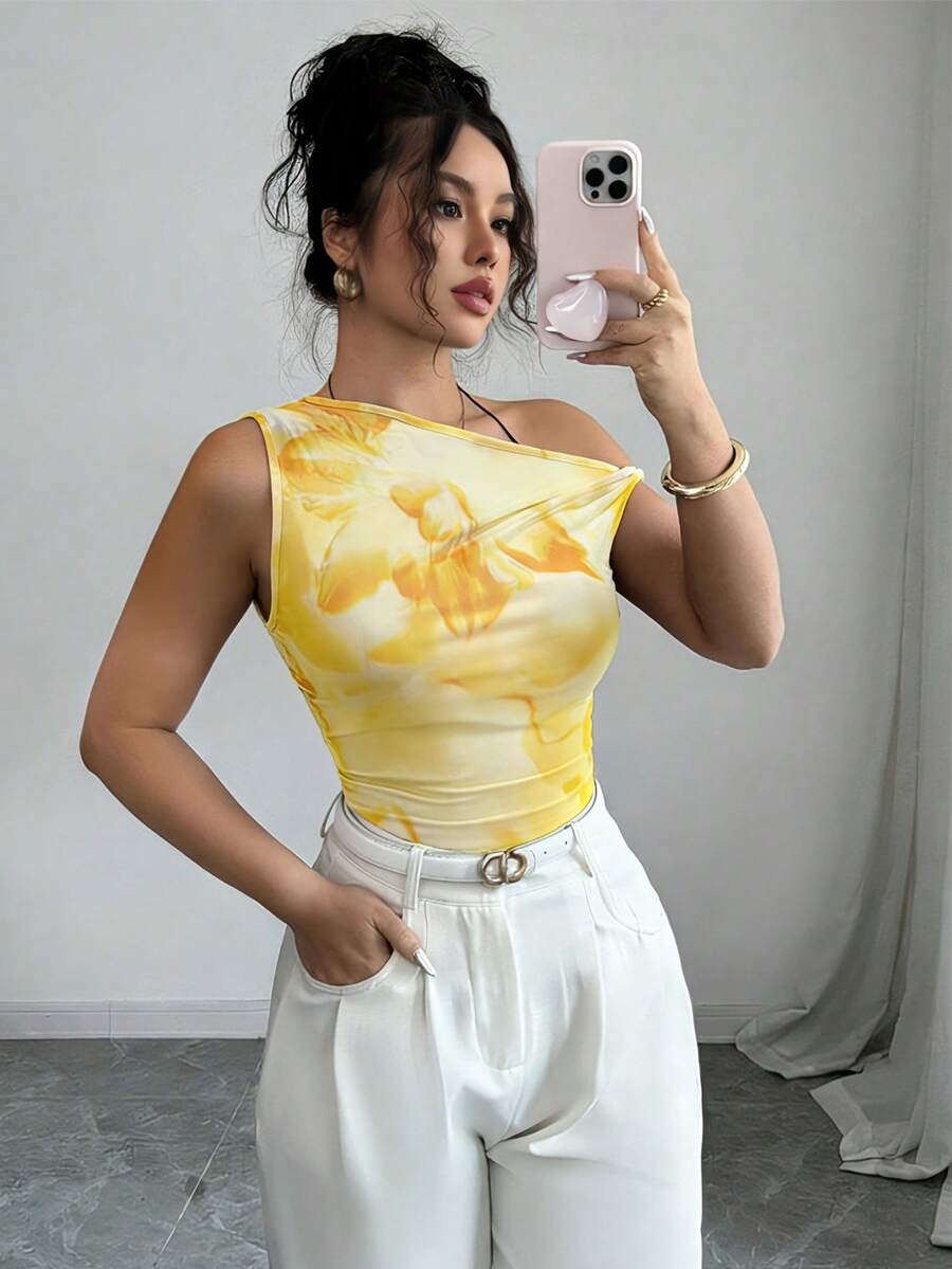 Selianne Damen Bluse mit asymmetrischer Schulter und Blume Muster, figurbetonter modischer Schnitt - Gebrannte Orange - Übersicht 1