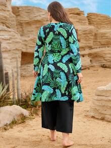 Swim Mulvari 2026 Spring/Summer Plus Size Women Casual Vacation Zipper Tropical Leaf Print Tankini Swimwear Set - Green - View 2
