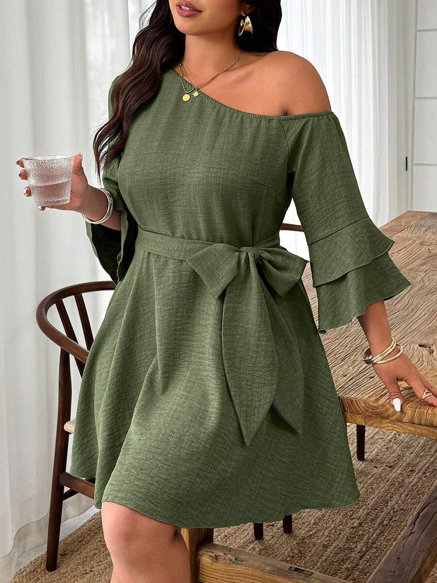 Plus Size Blue Asymmetrical Shoulder Ruffle Sleeve A-Line Casual Dress Fall - Army Green - View 1