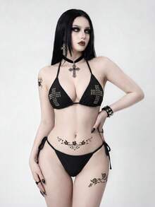 ROMWE Goth Conjunto de bikini de mujer con diseño de cruz de remaches, estilo sexy y de tirantes para la playa de verano - Negro - Ver 3