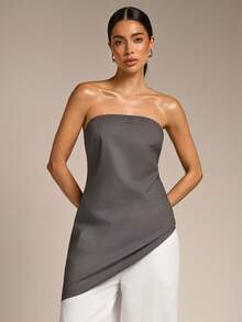 COSMINA Women's Charcoal Gray Asymmetric Hem Tube Top,Elegant Minimalist Chic Summmer Tops,Solid Color Fashionable Classy Formal Brunch Top For Woman - Dark Grey - View 3