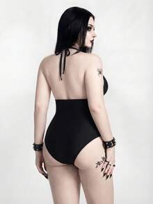 ROMWE Goth 2026 New Rhinestone Embellished Dark Style Plus Size One-Piece Swimsuit, Summer - Black - View 2