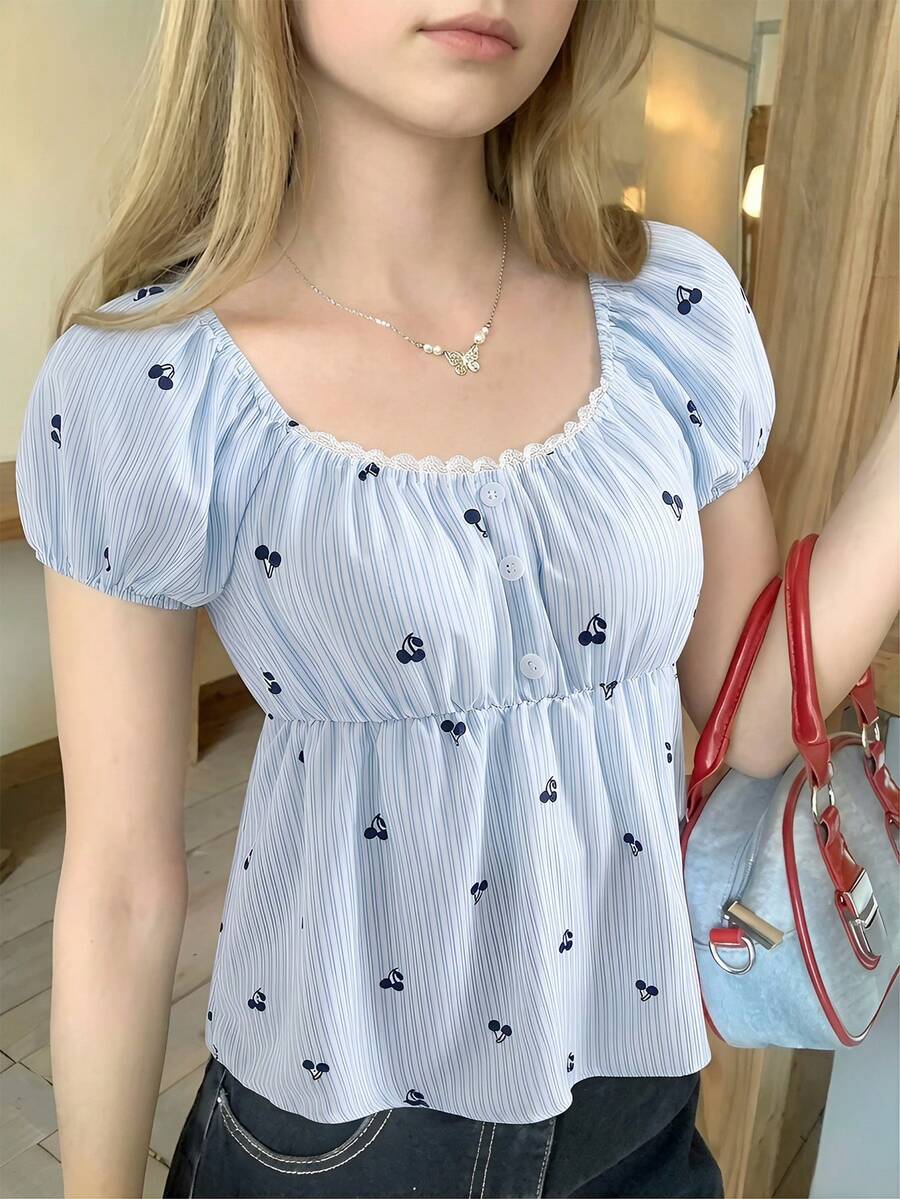 Tops,Summer Tops,Tank Top,Polka Dot,Summer,Bohemian,Sheet,Vacation,Squishy ,Teen GirlCherry Print Short Sleeve Shirt, Soft Dress, Lace, Cotton, Blouse For Teen Girls,Squishy,Summer Dress,Pants,Girly Era,Elegant Outfit,Looks Of Party,Vintage Botanical,Beachweekend,Island Style,SummerOutfit,Old Money Summer,Roupa Para A Universidade,Utilitarian Chic,Urban Gala,Vacay Vibes,Vintage,Slim Illusion Styling,Blossom Picnic Core,فستان,تنوره,فستان يخفي الكرش Cute Top - Multicolor - View 1