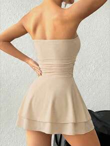 SHEIN PETITE Vestido mini sexy sin tirantes con estampado de leopardo y falda con volantes en capas - Caqui - Ver 2