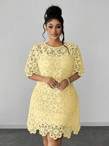 Maweii Plus Size Solid Color Hollow Out Round Neck Short Sleeve Dress - Light Yellow - View 1
