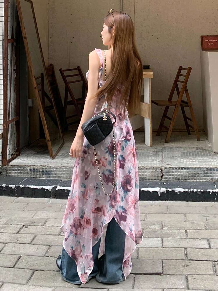 Women's Ruffled Floral Print Camisole, Fresh Korean Style Layering Vest
