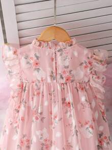 SHEIN 少女无袖粉色碎花雪纺连衣裙，公主风荷叶袖层叠连衣裙，适合夏季休闲派对、野餐、海滩日常出行 - 粉色 - 查看 8