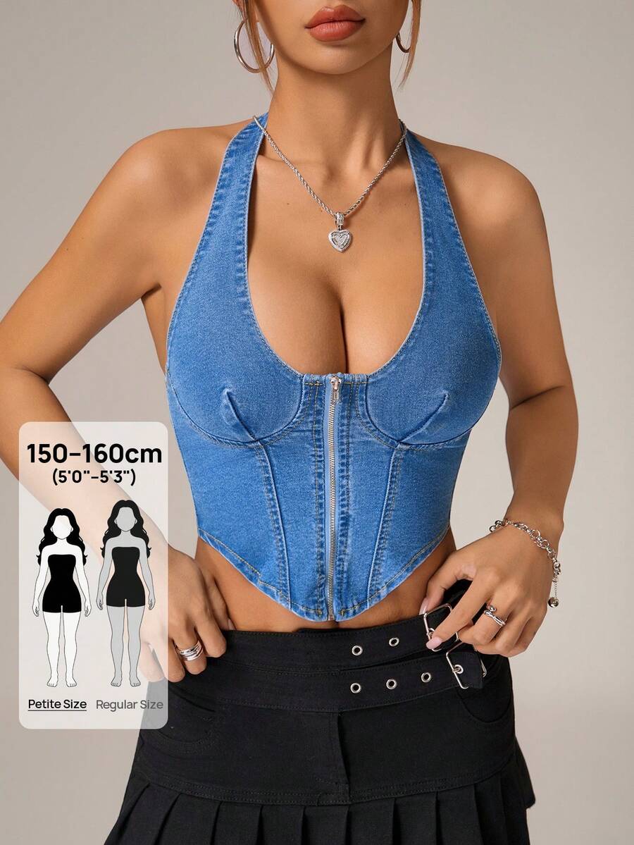 SHEIN PETITE Women's Sexy Backless Halter Neck Denim Blouse For Summer - Blue - View 1
