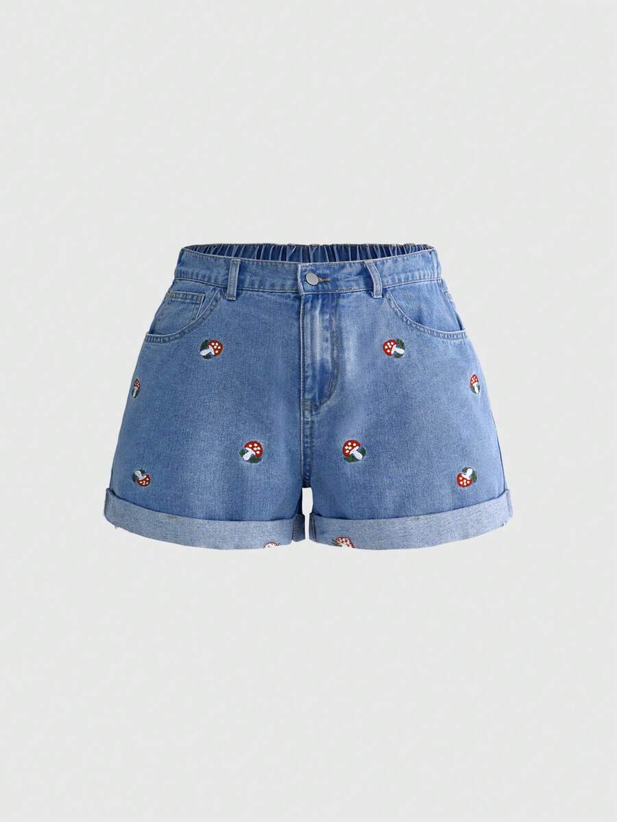 ROMWE Fairycore Summer Outfits Plus Size Casual Traditional Formal Washed Mushroom Embroidery Rolled Hem Elastic Waist Denim Shorts Dinner Royal Blue Vacation - Baby Blue - View 1