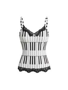 ROMWE Spring/Summergraphicwhite3pcs Y2K Vintage Music Note & Piano Keyboard Print Bodycon Lace Trim Camisole Set - Multicolor - View 3