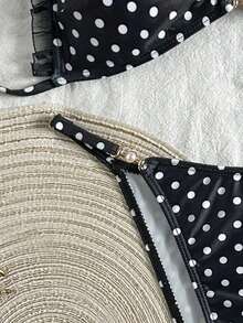 SHEIN Swim Women's Summer Beach Holiday Pool Party Polka Dot Print Halter Tie Bikini Swimwear Set White With Black Polka Dots Sexy - Black and White - View 13