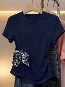 SHEIN Franclia Women's Casual Tie-Up Asymmetric Hem T-Shirt, Summer - Blue - View 5