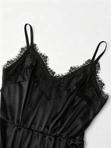 SHEIN Franclia 女士夏季中长款V领无袖连衣裙，领口饰有荷叶边，A字腰线，不对称开衩下摆，针织面料，修身时尚性感设计，适合日常穿着 - 黑色 - 查看 5
