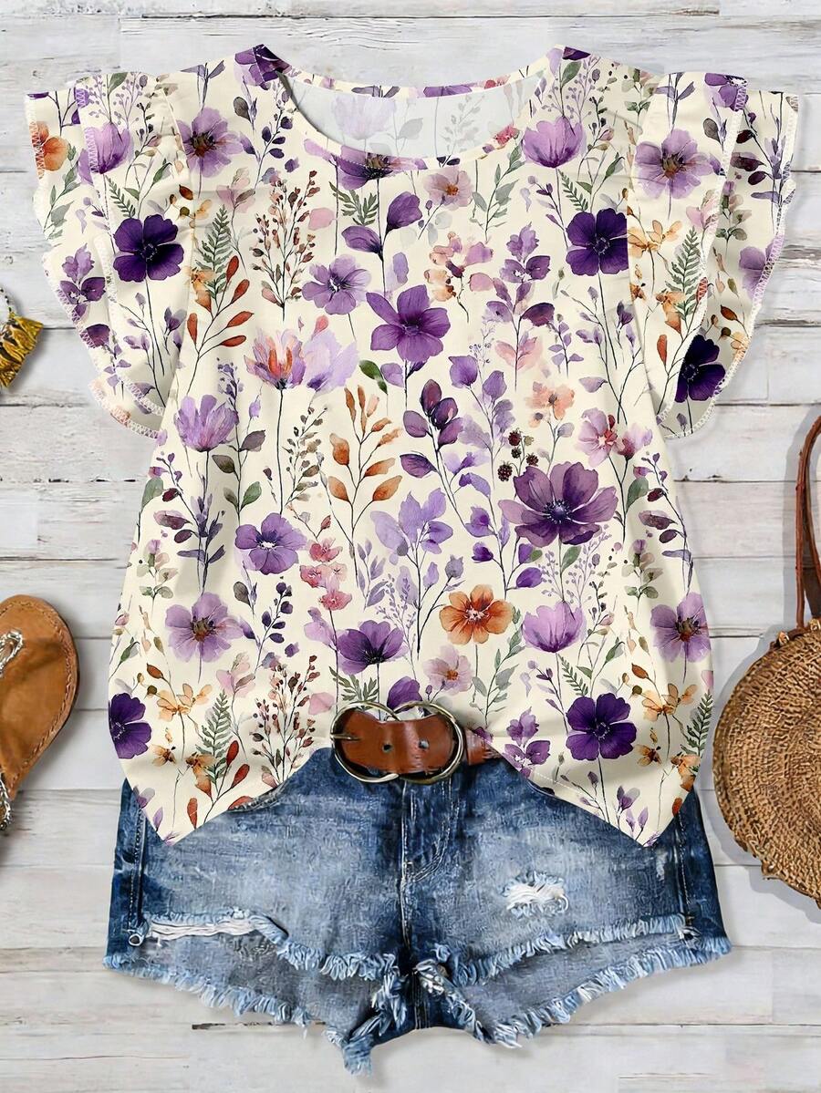 Mellowie Plus Size Women Floral Print Round Neck Casual Versatile Daily Wear Shirt Ruffle Sleeve Blouse Floral Print Top Casual Tops For Women Spring Outfits For Women Blouse For Women - Multicolor - View 1