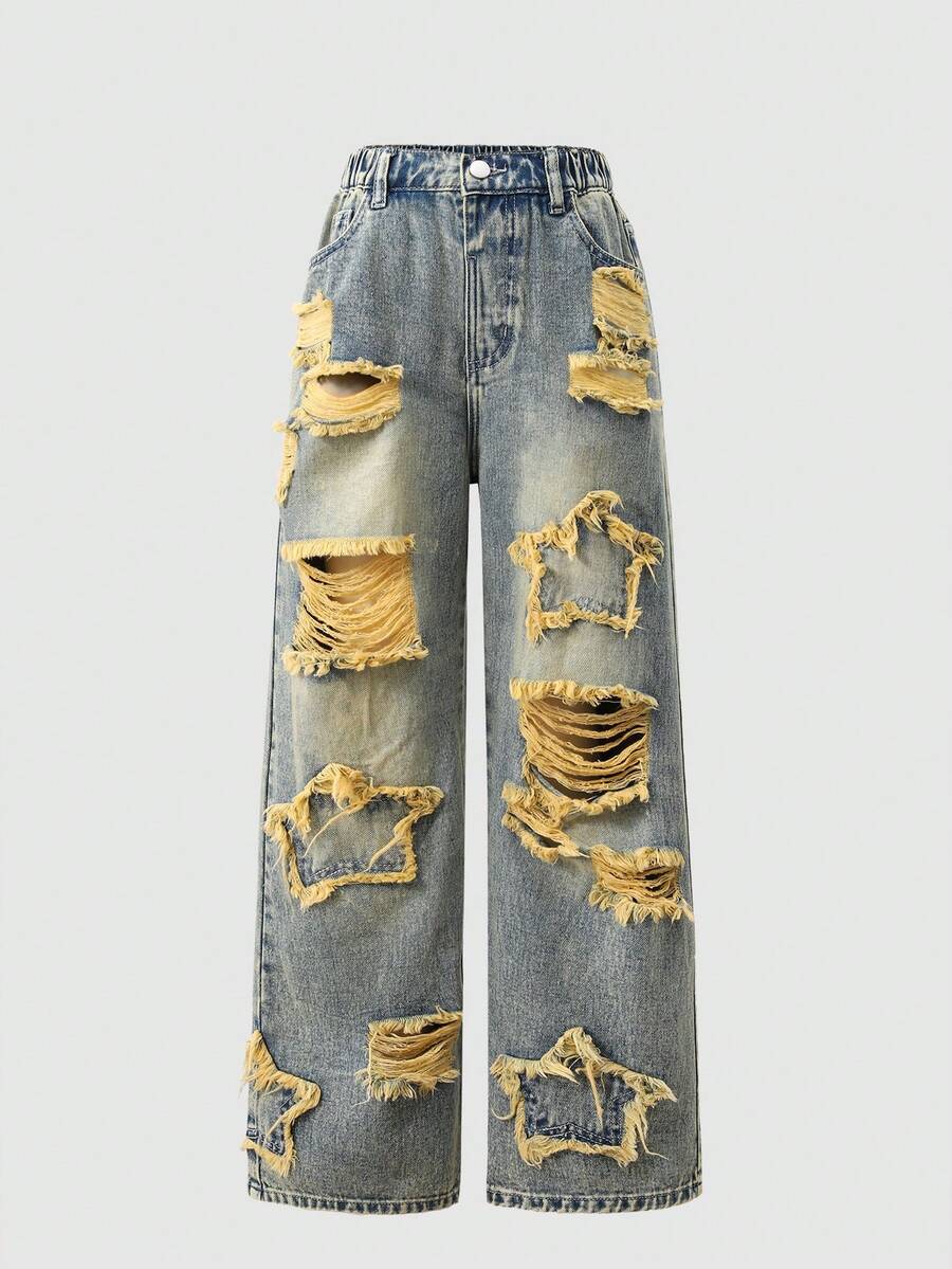 Tween Girls' Retro Casual Fashionable Blue Distressed Patch Five-Pointed Star Embroidery Straight Leg Jeans, Vacation & Leisure Style - Blue - View 1
