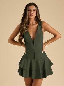 SHEIN BAE Robe mini décontractée à col V profond de couleur unie pour femmes - Militaire verte - Voir 6