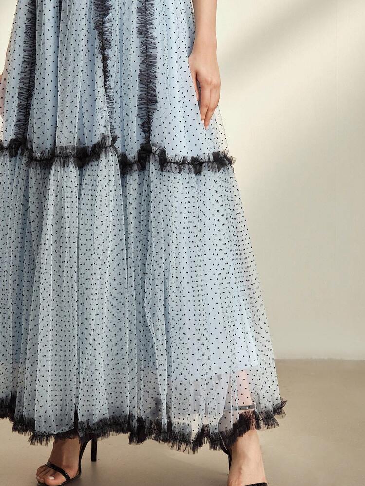 Spring/Summer New Elegant Retro Polka Dot Mesh Splice Stand Collar Sleeveless Ruched Long Dress For Women, Suitable For Party, Vacation