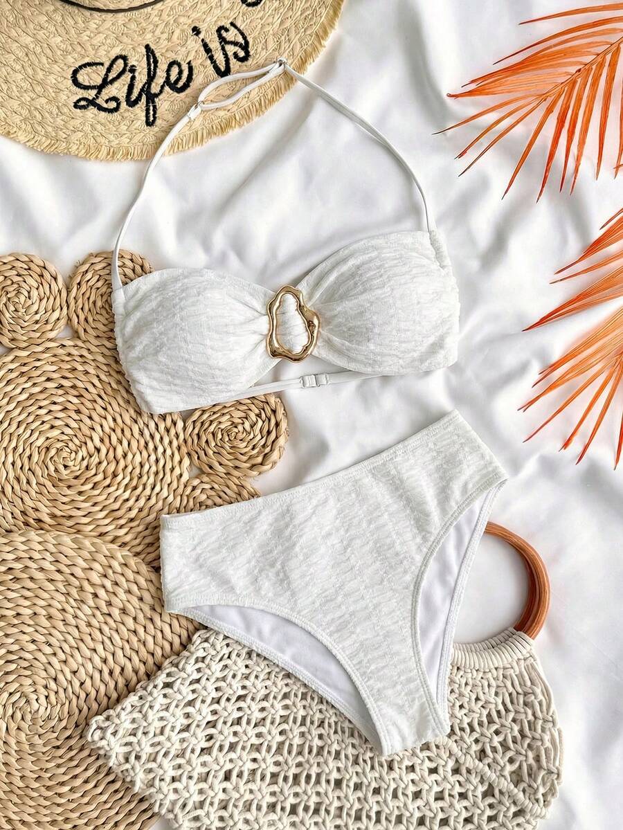 SHEIN 适合青少年女孩的纯色无肩带系带金属饰品比基尼套装,夏季泳装套装/沙滩女孩装/两件式泳衣/青少年比基尼套装 - 白色 - 查看 1