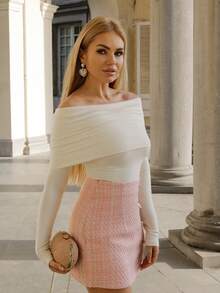 Elenary Edit Women's Fashionable Versatile Pink Tweed High Waist A-Line Slit Decor Button Mini Skirt - Pink - View 4