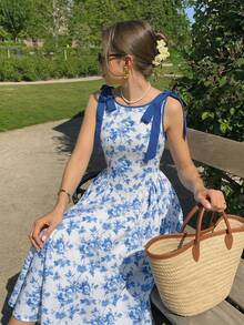 SHEIN Teen Girl Ditsy Floral Bowknot Decor Fashion Dress - Blue and White - View 8