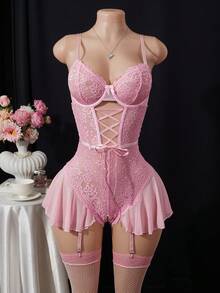 2pcs/Set Party Lace Patchwork Ruffle Hem Bodystocking With Garter Belt + 2pcs Fishnet Stockings Sexy Lace Babydoll Lingerie Set With Thong Plus Size Strappy Mesh Bodysuit Lingerie Satin Open Back Lingerie Set For Women Valentine's Day Set - 勃根地 - 查看 4