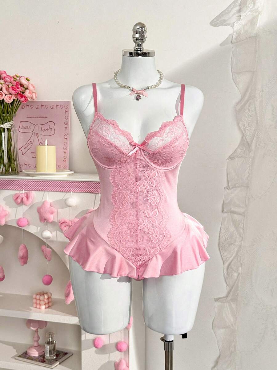 FairyFlirt 一件蕾丝拼接女士连体裤 - 淺粉色 - 查看 1