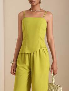 Lyxana Set di canotta e pantaloncini casual minimalista a tinta unita, adatto per l'uso quotidiano in estate - Verde - Visualizzare 4