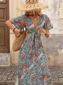 Brillora Vestido Longo Boho Feminino com Estampa Retrô de Paisley, Vestido com Decote em V, Manga Curta Flutuante, Recorte na Cintura, Nó na Frente e Fenda Lateral, Perfeito para Férias na Praia - Verde - Visão 7