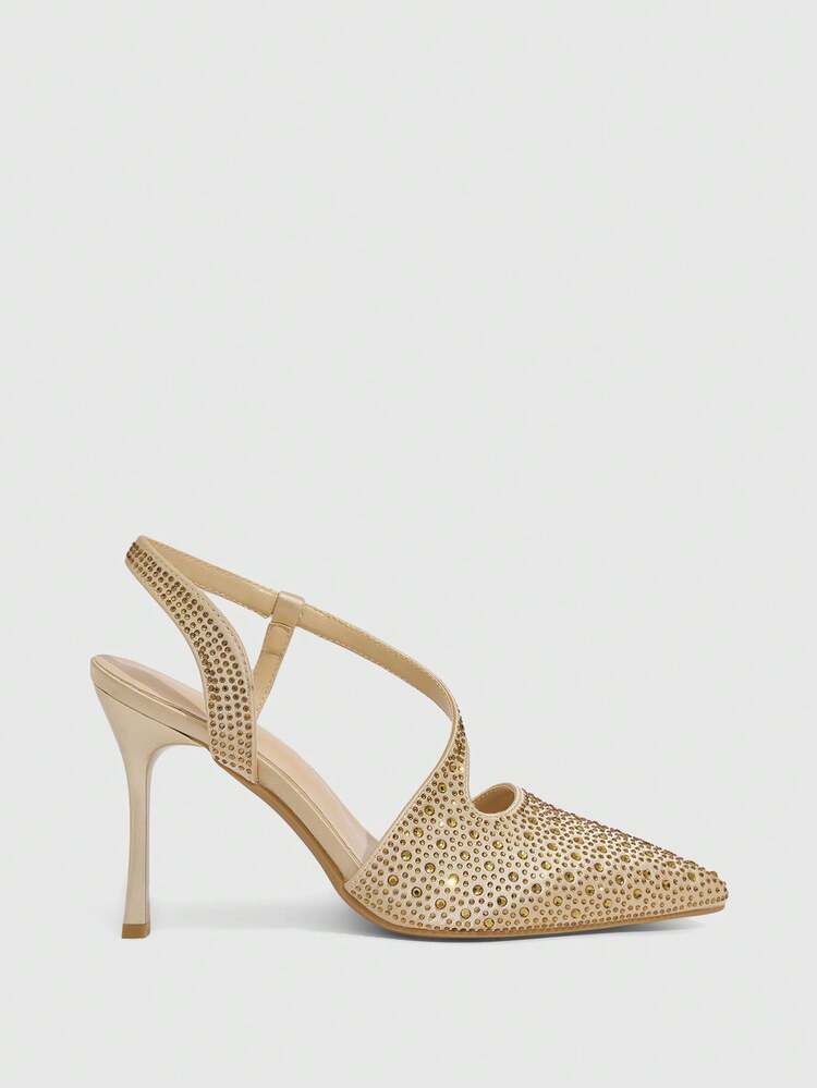 CUCCOO SZL Women Shoes Women's Fashion Pointed Metal Rhinestones Sparkling Evening Wedding Lightweight Daily Commuter Party Wind Outdoor Slip-On Stiletto High Heel Shoes