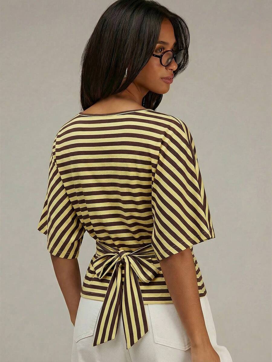 Athîral Women's Striped Patchwork Casual Versatile Daily Wear T-Shirt - Multicolor - View 1