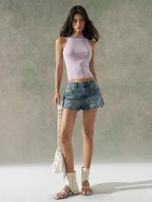 SHEIN EZwear Quần short denim nữ cỡ lớn có túi và cúc, kiểu dáng thường ngày, đa năng. - Màu xanh lam - Xem 5