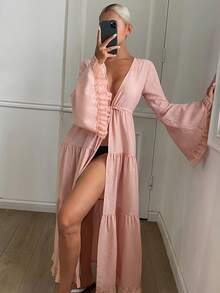 DAZY Bata de estar por casa casual con cuello en V profundo y pliegues para mujer - Rosa vieja - Ver 4
