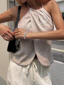 Livesso 春夏露背吊带镂空短款上衣，系带设计，适合音乐节、情人节、婚礼、休闲、海滩等场合，修身腰部设计，女士吊带背心 - 灰色 - 查看 8