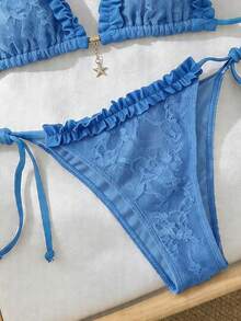 Swim Mod 女款提花布料掛脖花邊比基尼套裝，水藍色，夏季休閒性感度假海灘泳衣 2 件組 - 藍色 - 查看 6