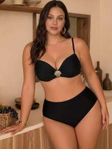 Swim Chiccia 加大码黑色优雅褶皱细肩带性感比基尼上衣，搭配贝壳金属扣设计，适合夏季海滩度假 - 黑色 - 查看 4