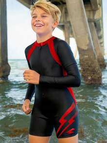 SHEIN Tween Boy Casual Sports Graphic Rash Guard Long Sleeve Swimsuit, For Beach, Swimming, Surfing - Red - View 5