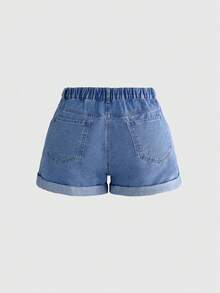 ROMWE Fairycore Summer Outfits Plus Size Casual Traditional Formal Washed Mushroom Embroidery Rolled Hem Elastic Waist Denim Shorts Dinner Royal Blue Vacation - Baby Blue - View 2