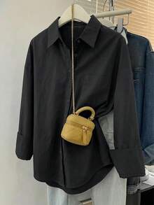 INAWLY 大码女式休闲纯色长袖纽扣衬衫 - 黑色 - 查看 1