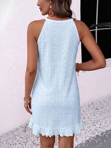SHEIN Light Blue Summer Boho Holiday Vacation Holiday Ruffle Hem Sleeveless Dress Round Neck Solid Color Casual Sundress Cute Women Resort Cruise Outfits - Blue - View 2